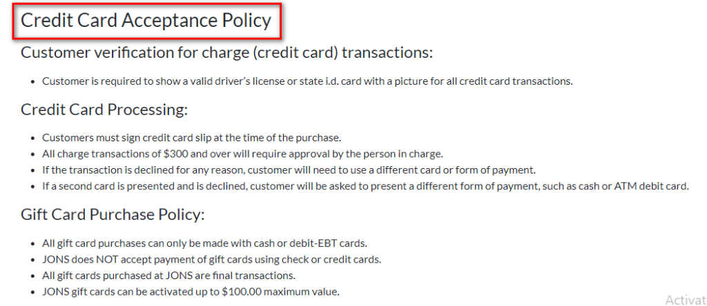 Credit Card Acceptance Policy